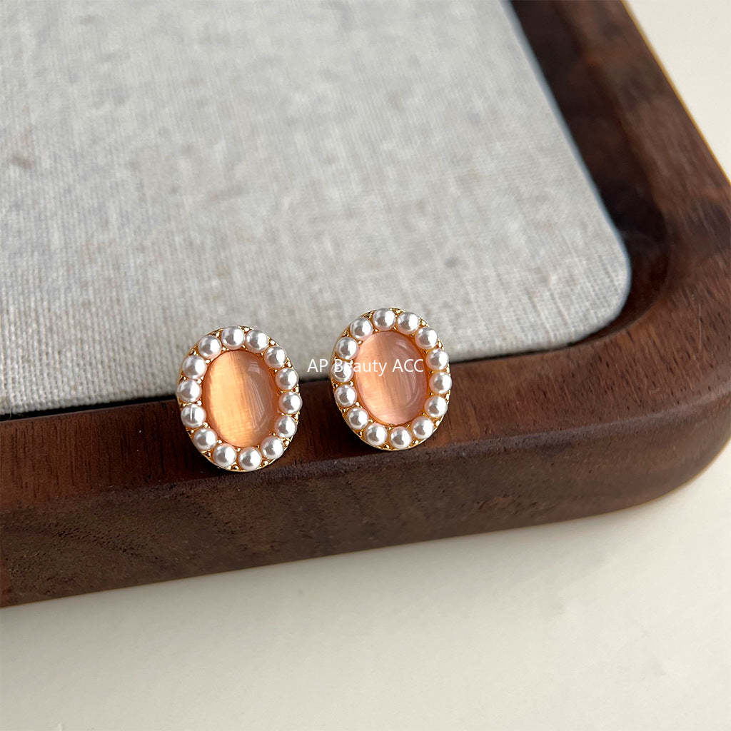 C관 - 글라스 묘안석 타원형 기하학 프렌치 복고풍 14K 도금 귀걸이 [4507] 24.07-2