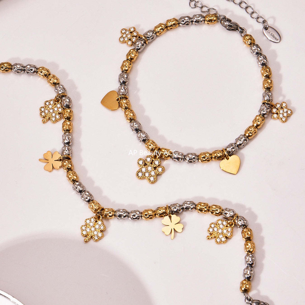 D관 - 스테인리스 투톤 네잎클로버 큐빅 펜던트 18K 도금 목걸이 팔찌 [TXP467-TXE467] 25.11-3