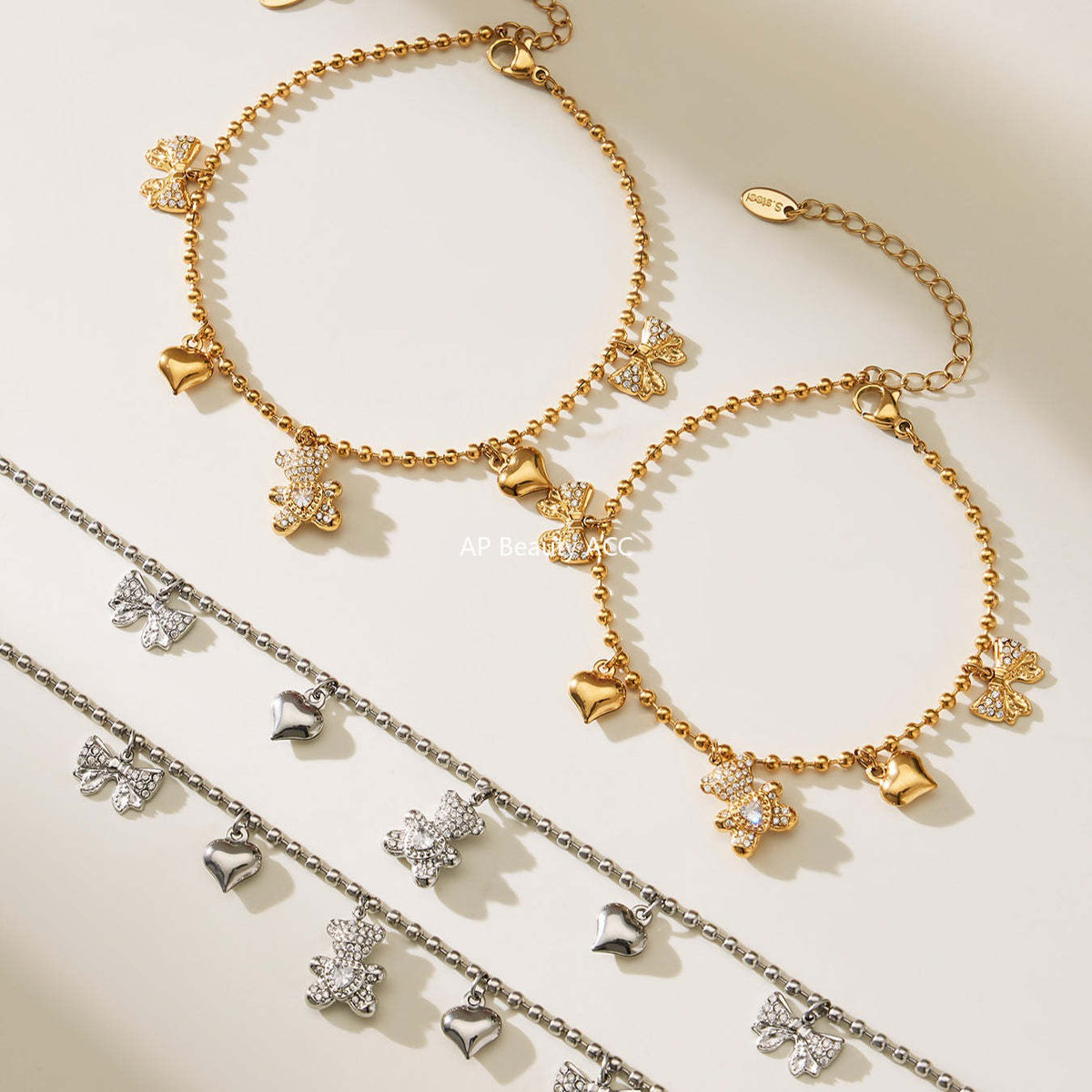 D관 - 스테인리스 스틸 곰 리본 하트 풀큐빅 펜던트 목걸이 팔찌 귀걸이 [TXP500] 25.11-4