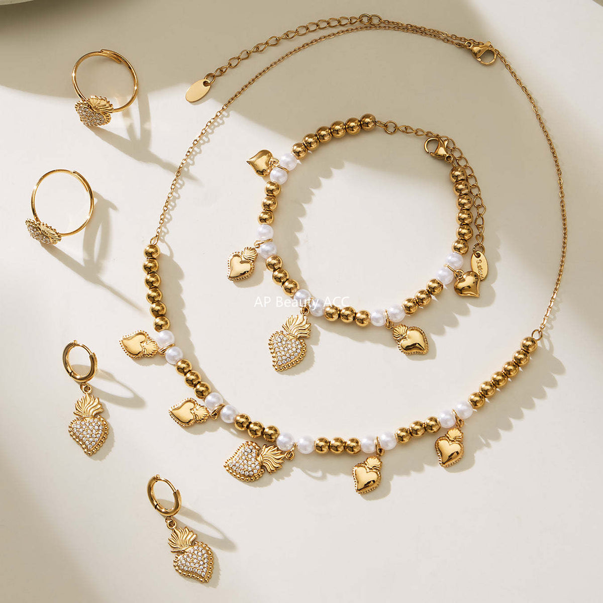 D관 - 스테인리스 스틸 하트 왕관 큐빅 펜던트 18K 도금 목걸이 귀걸이 팔찌 반지 [TXP490] 25.11-4