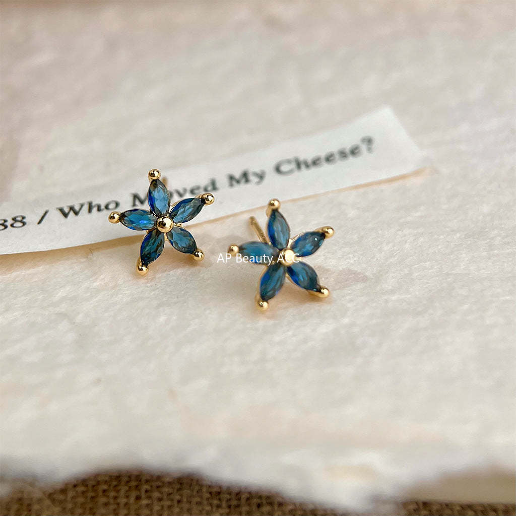 C관 - 블루 플라워 큐빅 14K 도금 은침 귀걸이 [5856] 25.04-3