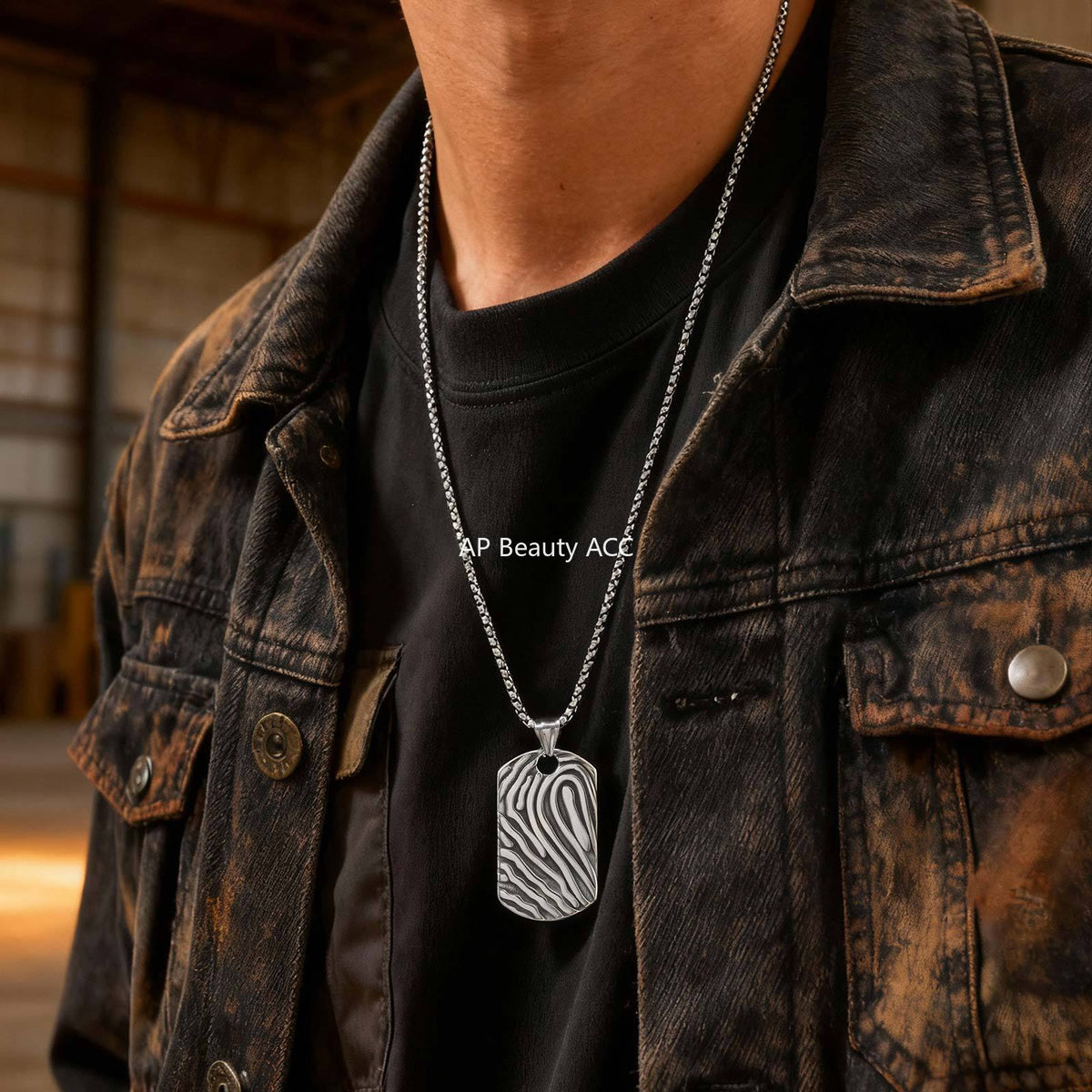 G관 - 지문 패턴 플레이트 펜던트 스테인리스 스틸 목걸이 [PN-2243] 25.12-2