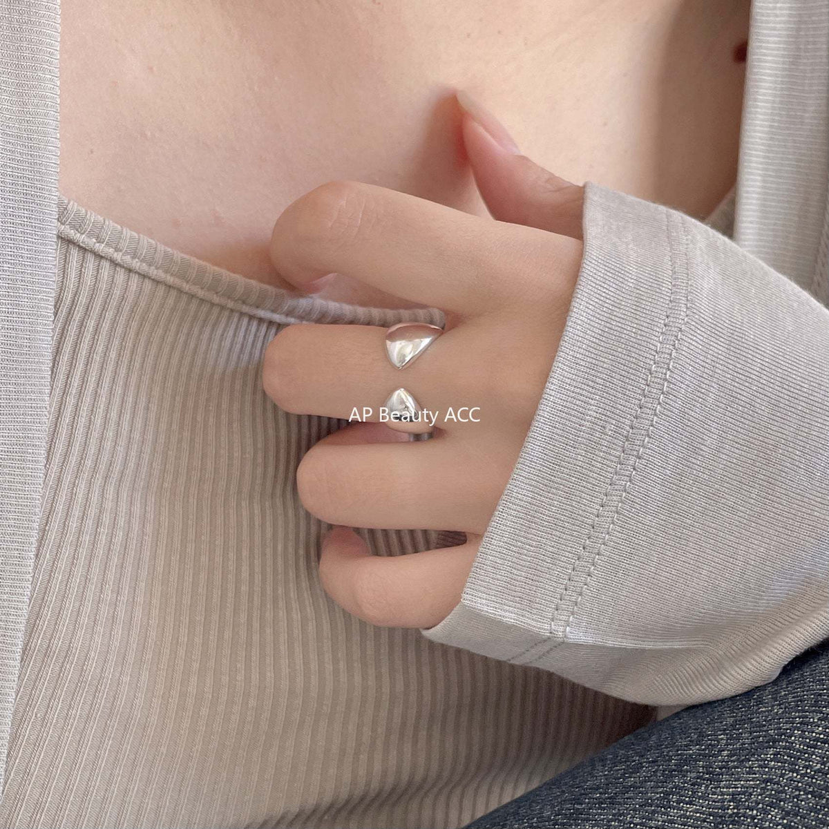 F관 - 925 실버 물방울 모양 대칭 오픈형 반지 [J1902] 25.12-2