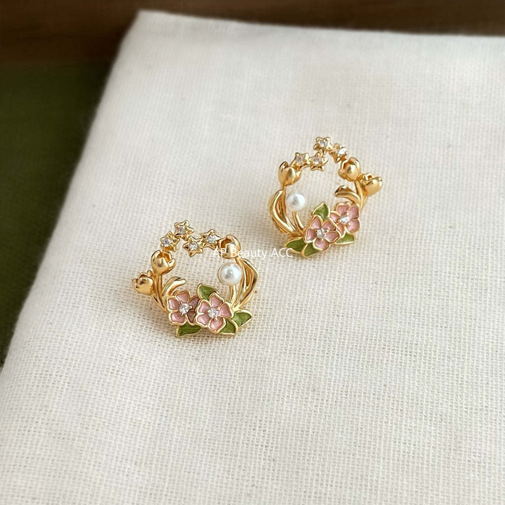 C관 - 925 은침 14K 도금 핸드페인팅 큐빅 진주 플라워 귀걸이 [6961] 25.10-4