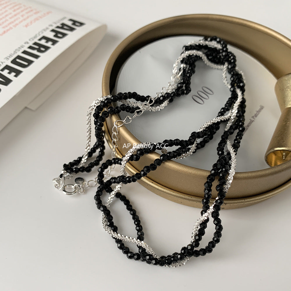 A관 - 925 실버 블랙 스피넬 조각 실버 트리플 레이어 목걸이 [XG40] 25.10-3