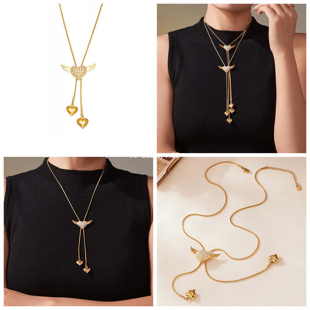 D관 - 큐빅 하트 날개 태슬 조절형 스테인리스 스틸 목걸이 [P1870] 25.11-3