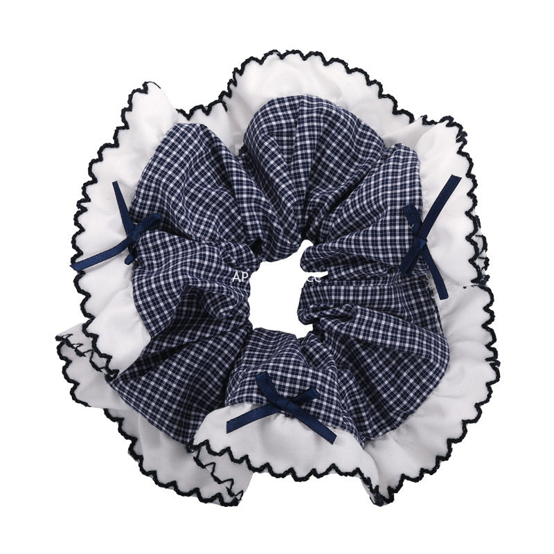 E관 - 블루 체크 패브릭 레이스 리본 곱창 헤어밴드 [26462] 25.10-2