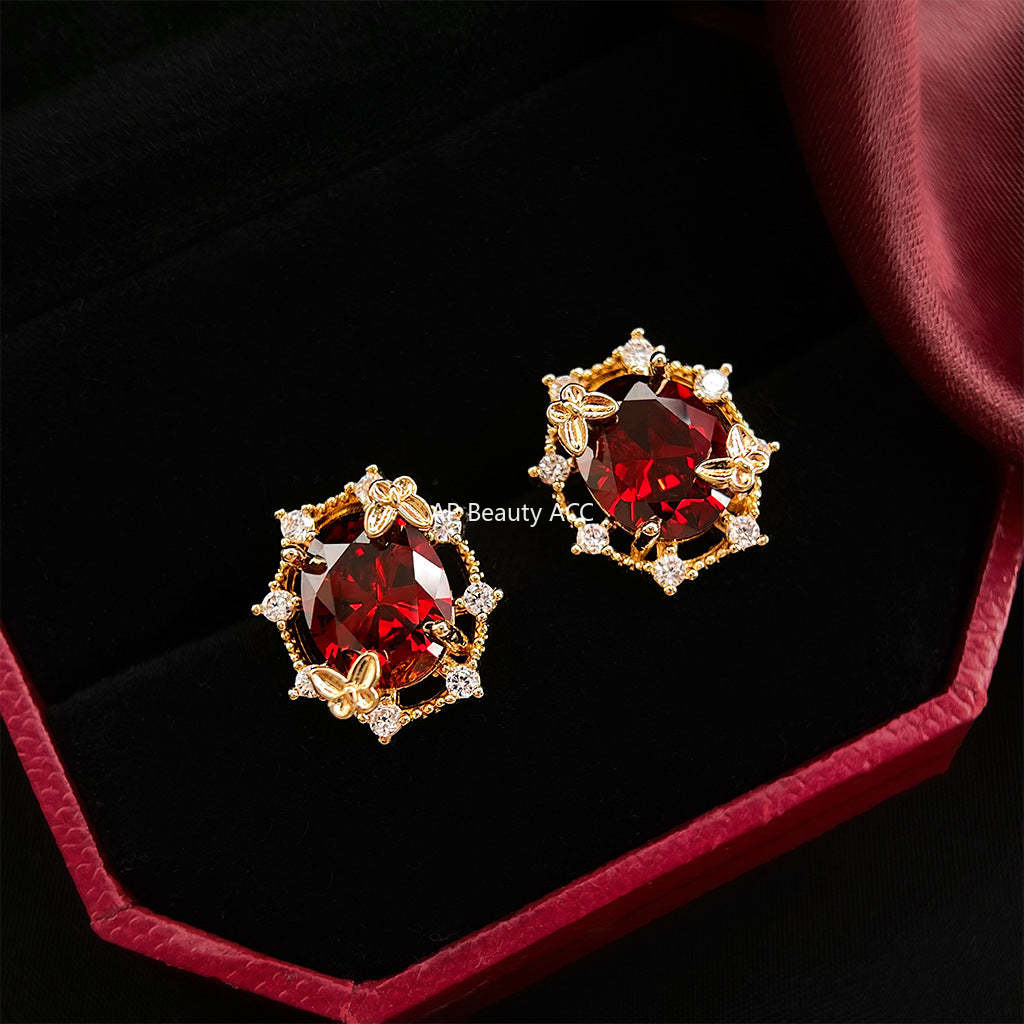 C관 - 14K 도금 버건디 큐빅 타원형 나비 은침 귀걸이 [5819] 25.04-4