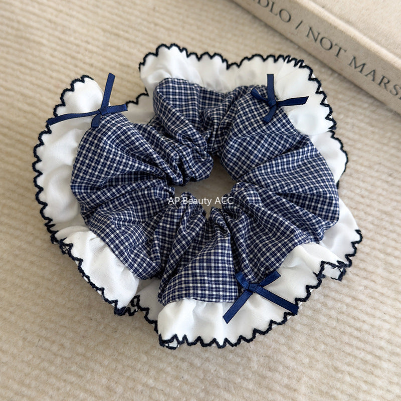 E관 - 블루 체크 패브릭 레이스 리본 곱창 헤어밴드 [26462] 25.10-2