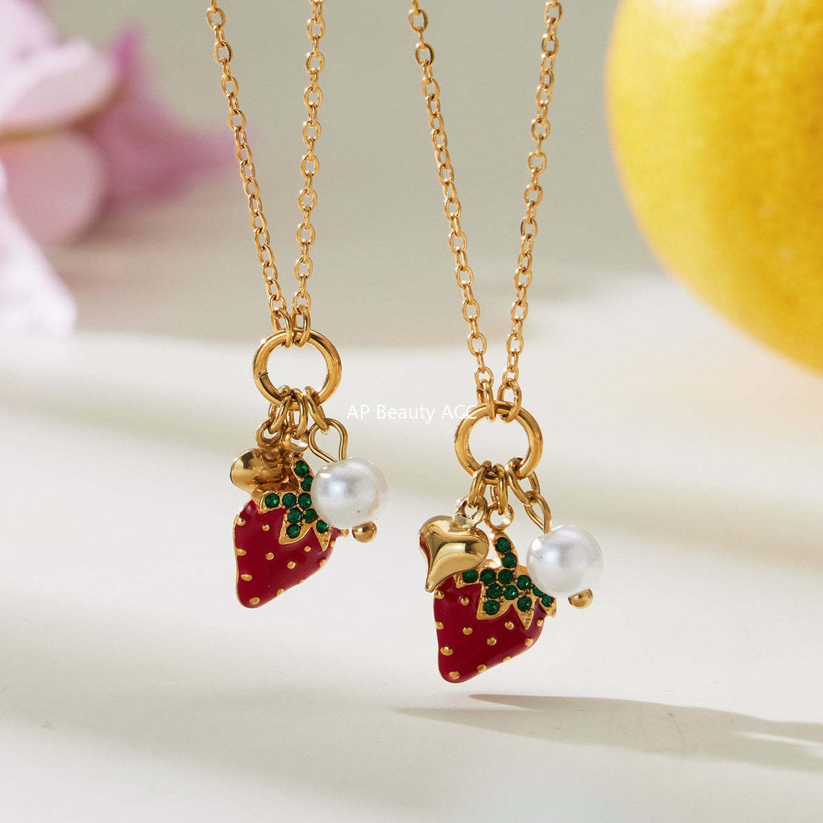 D관 - 스테인리스 스틸 해마 딸기 큐빅 펜던트 18K 도금 목걸이 [P755] 25.11-4