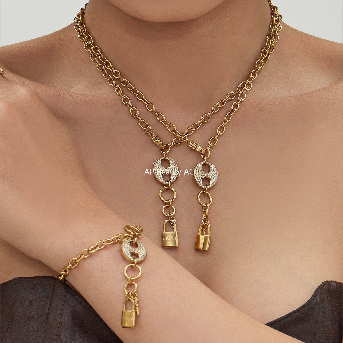 D관 - 풀큐빅 돼지코 자물쇠 태슬 18K 도금 스테인리스 스틸 목걸이 팔찌 [TXP516] 25.12-2