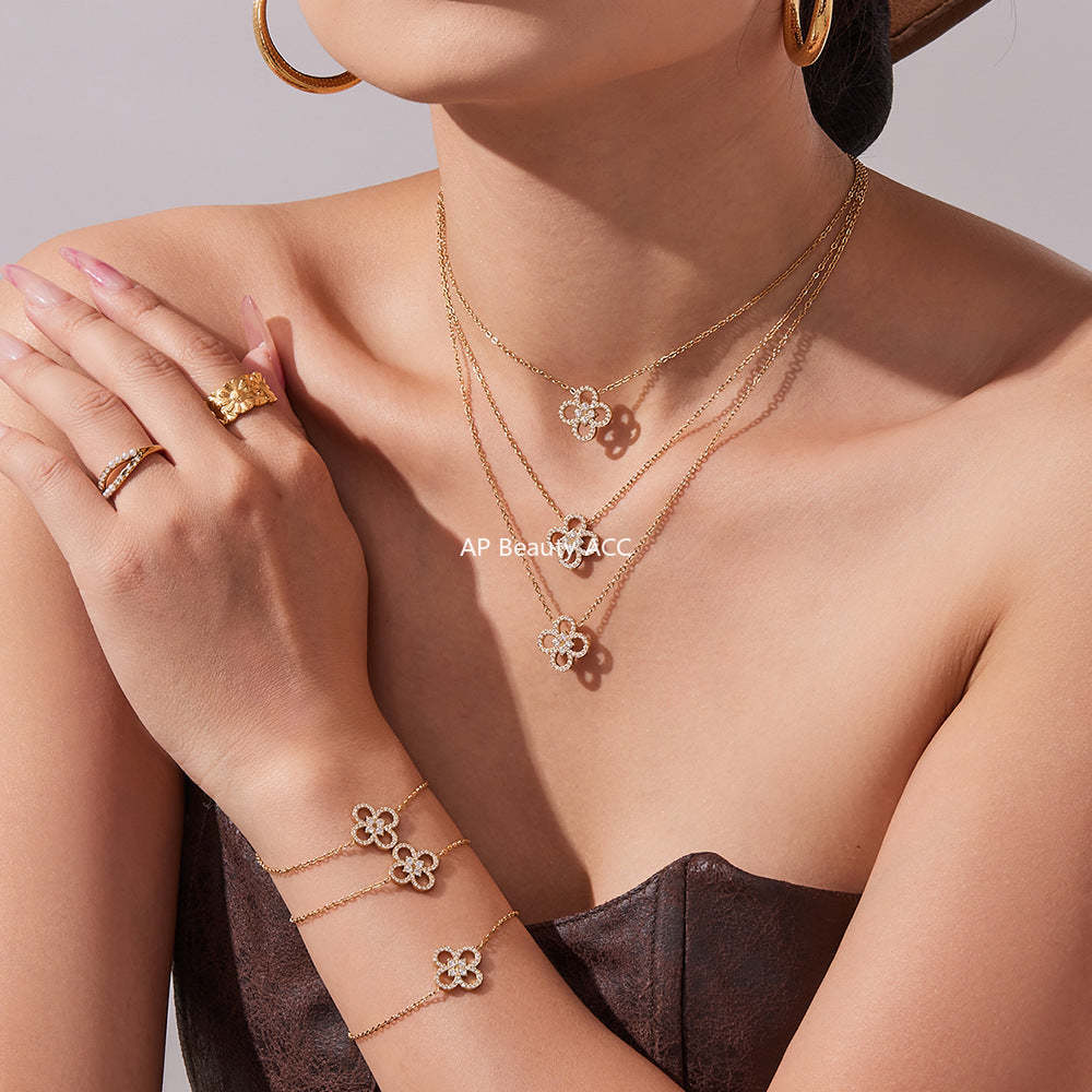 D관 - 네잎클로버 큐빅 18K 도금 스테인리스 목걸이 팔찌 [TXP474-TXE474] 25.11-3