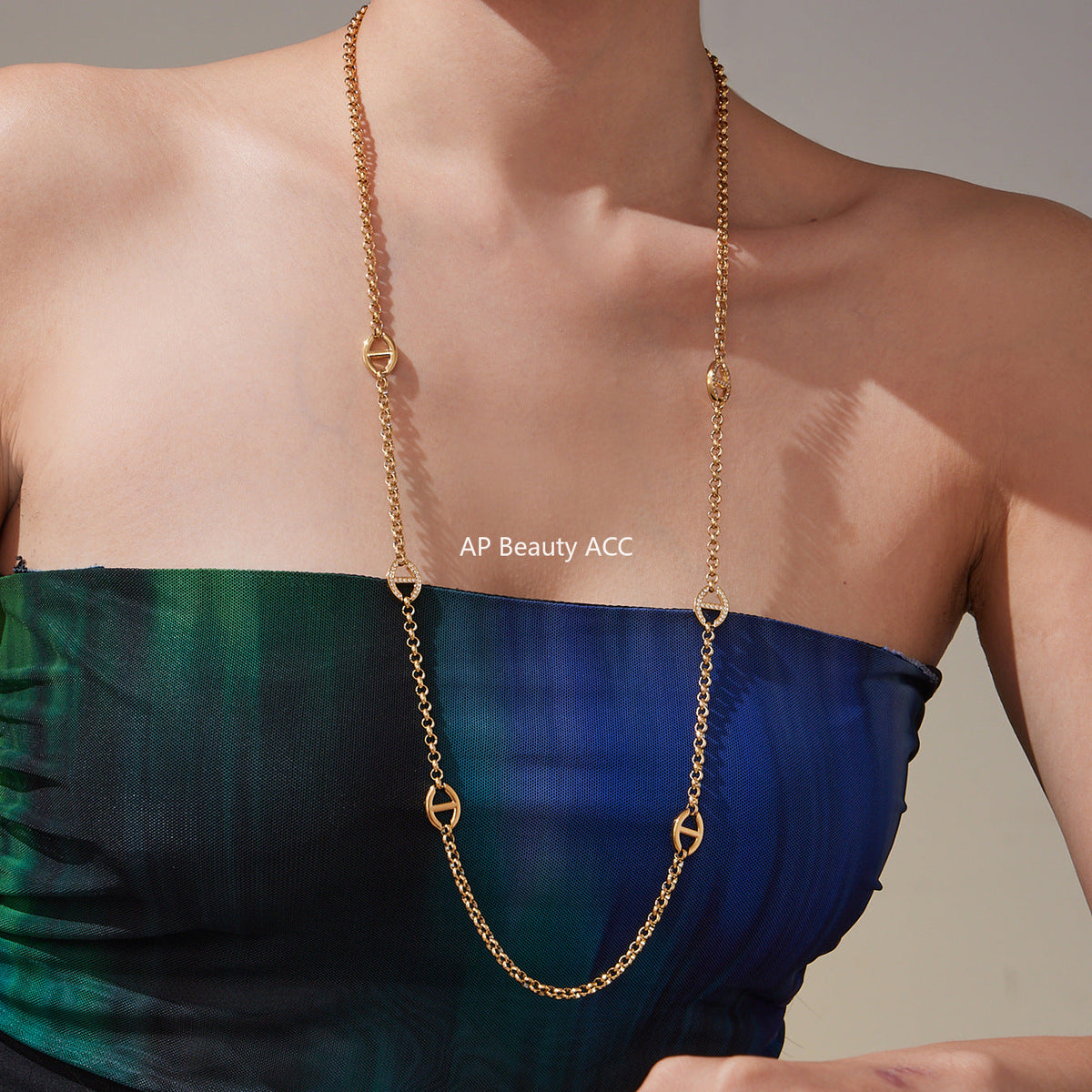 D관 - 스테인리스 스틸 18K 도금 큐빅 버클 장식 롱 목걸이 [M081] 25.10-3