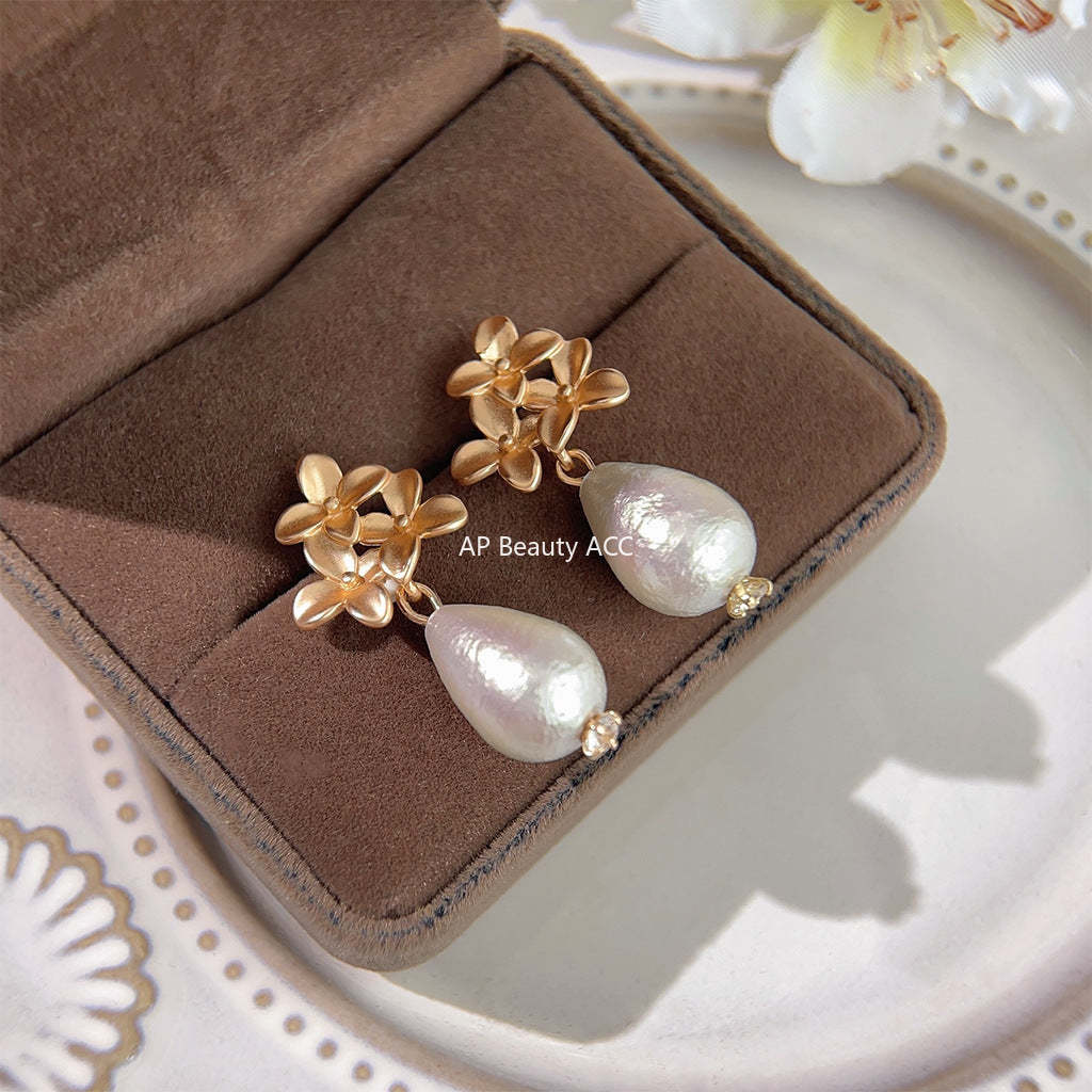 C관 - 코튼펄 고급스러운 꽃잎 무광 도금 은침 물방울 귀걸이 [3871] 24.04-4