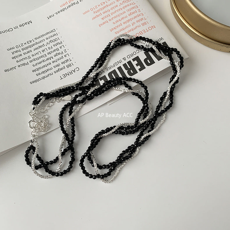 A관 - 925 실버 블랙 스피넬 조각 실버 트리플 레이어 목걸이 [XG40] 25.10-3