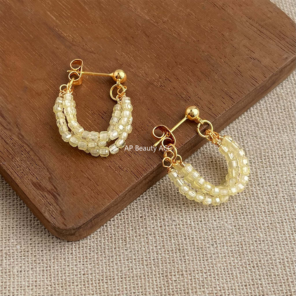 C관 - 베이지 글래스 크리스탈 핸드메이드 은침 귀걸이 [5471] 25.02-3