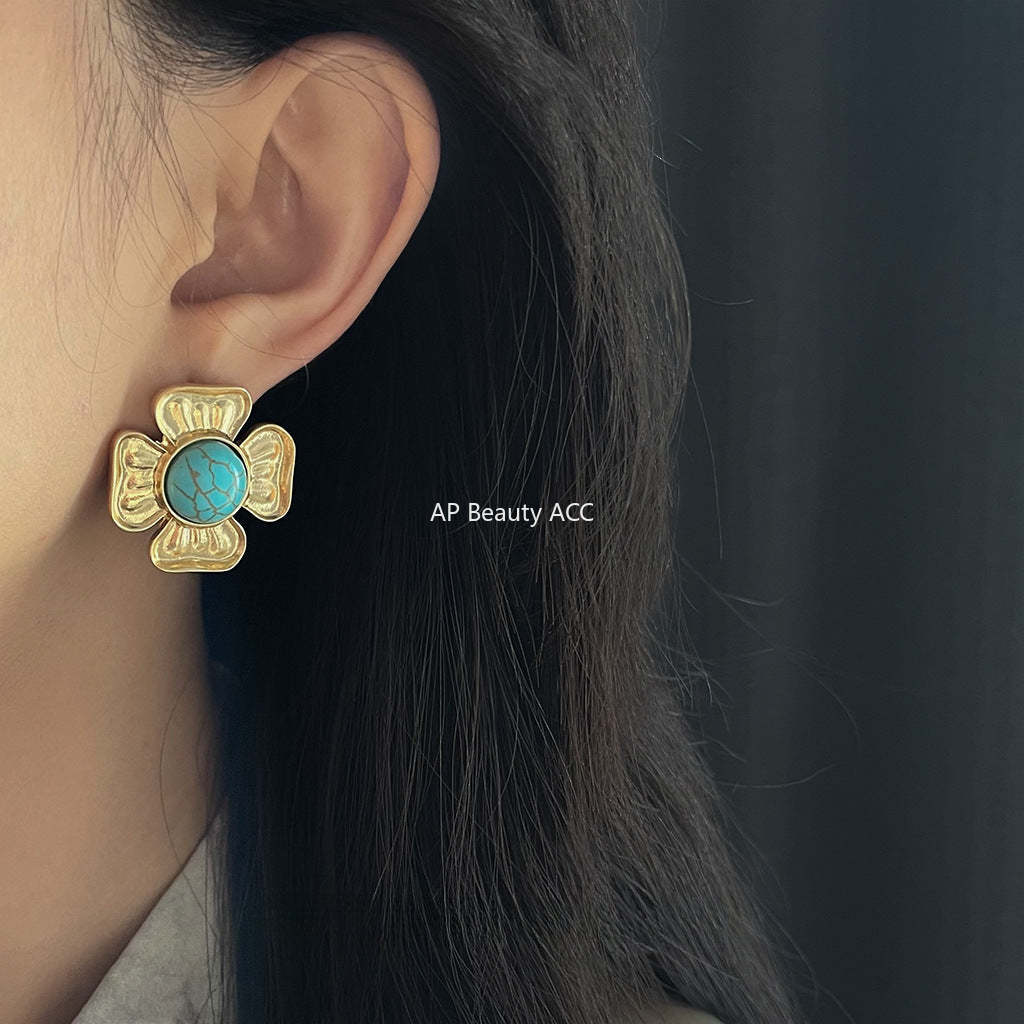 C관 - 프렌치 스타일 합성 터키석 무광 14K 도금 은침 귀걸이 [4311] 24.06-4