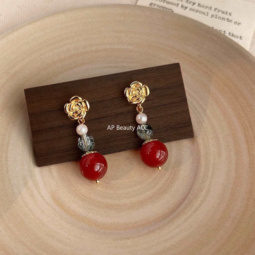 C관 - 14K 도금 홍마노 핸드메이드 복고풍 장미꽃 글라스 크리스탈 은침 귀걸이 [3759] 24.04-1