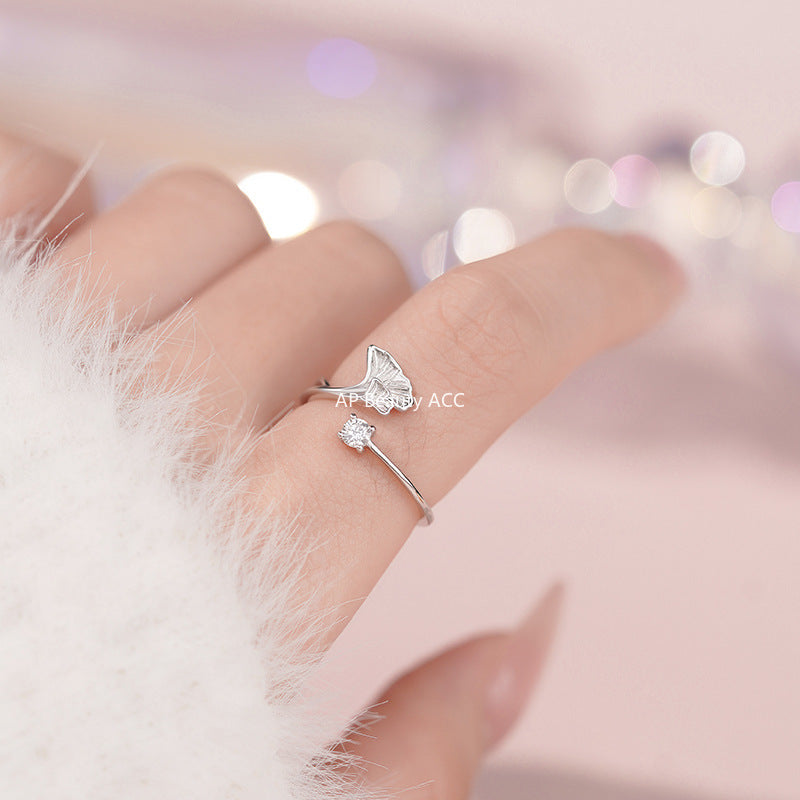 B관 - 925 실버 은행잎 플라워 큐빅 오픈형 반지 [YC3430R_1] 25.11-2