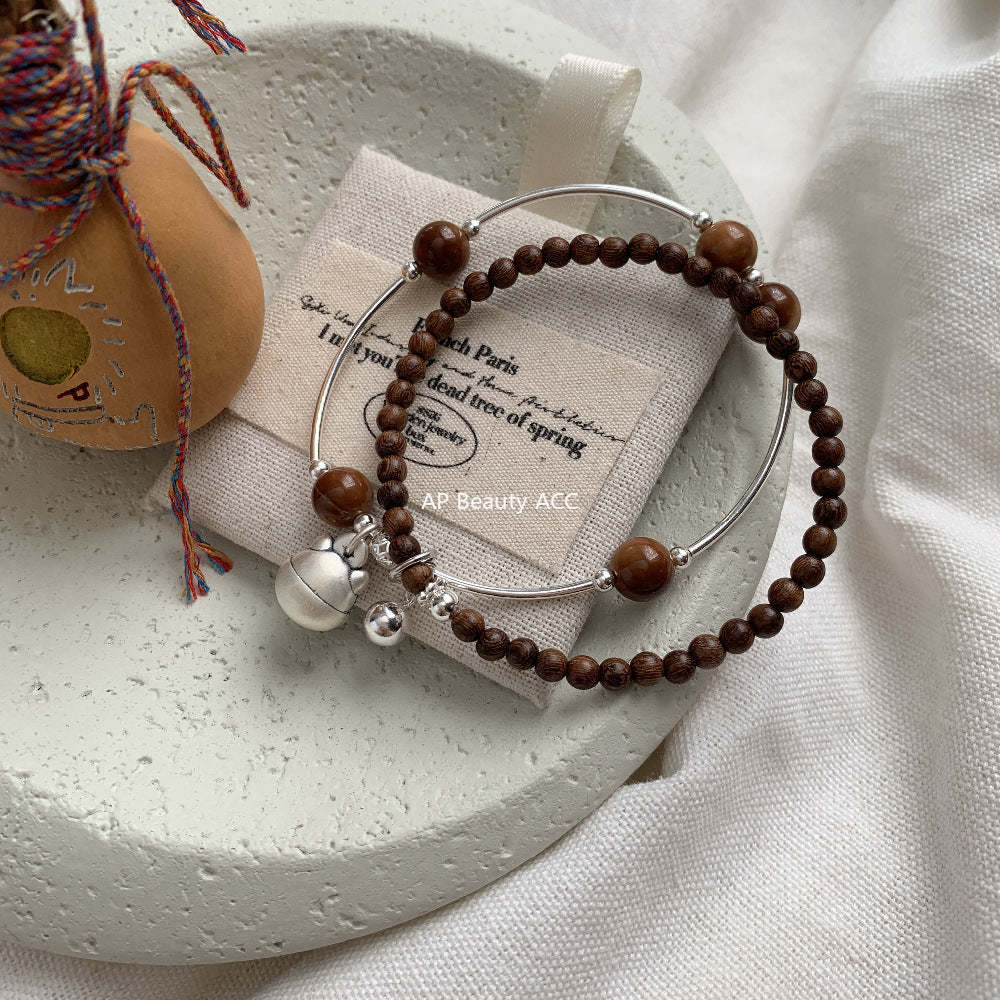 A관 - 복고양이 펜던트 보리수 금사남목 925 실버 팔찌 [1531] 25.11-3