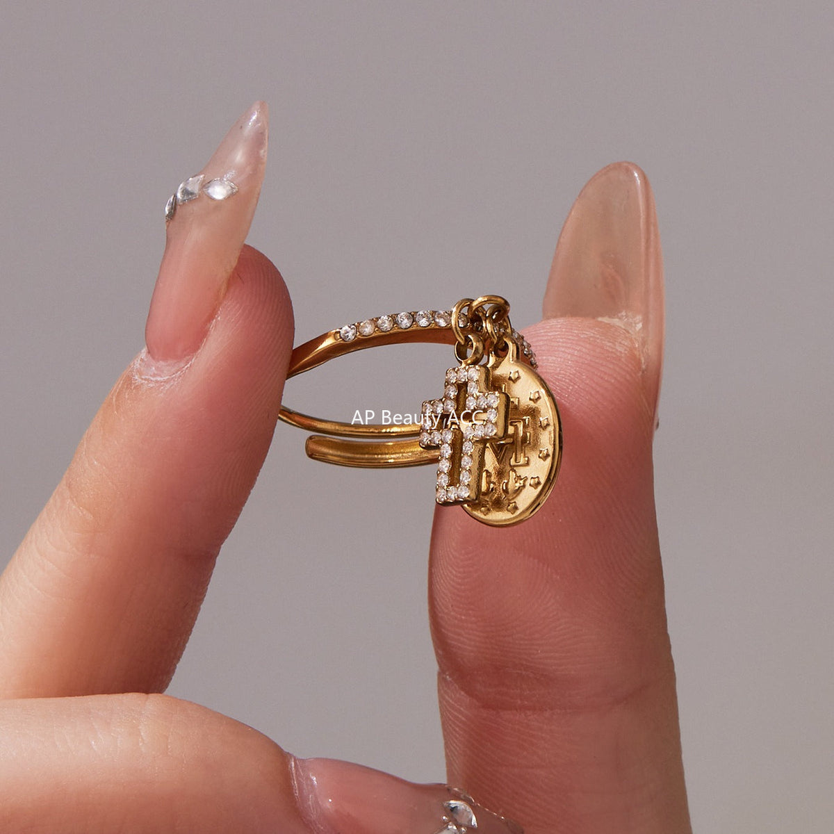 D관 - 18K 도금 스테인리스 스틸 십자가 큐빅 오픈형 반지 [A569-A572-A649] 25.10-1