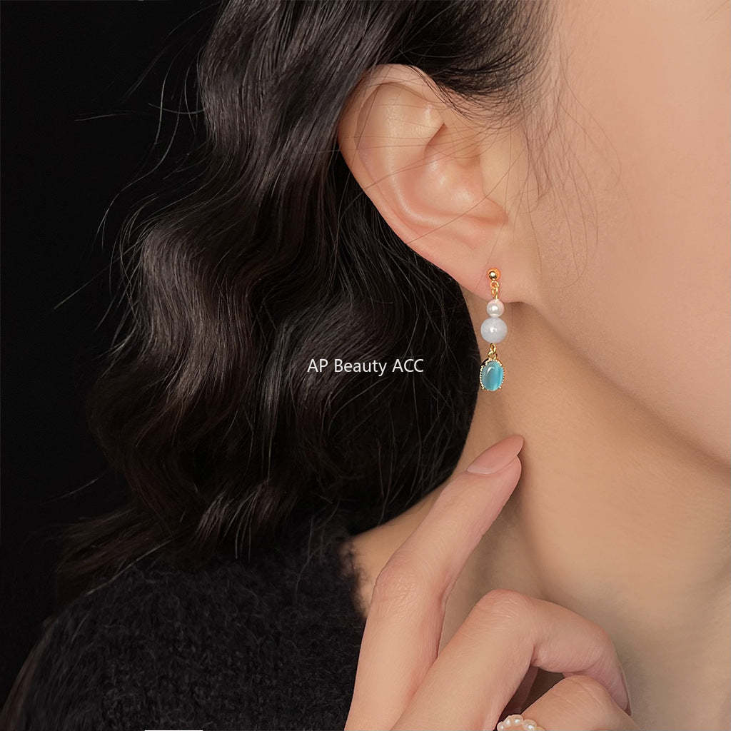 C관 - 글래스 묘안석 핸드메이드 진주 아쿠아마린 귀걸이 [5582] 25.02-3