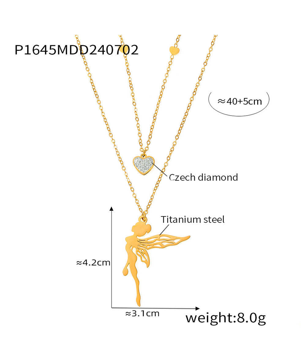 D관 - 티타늄 스틸 18K 도금 천사 나비 하트 펜던트 큐빅 목걸이 [P1645] 24.07-2