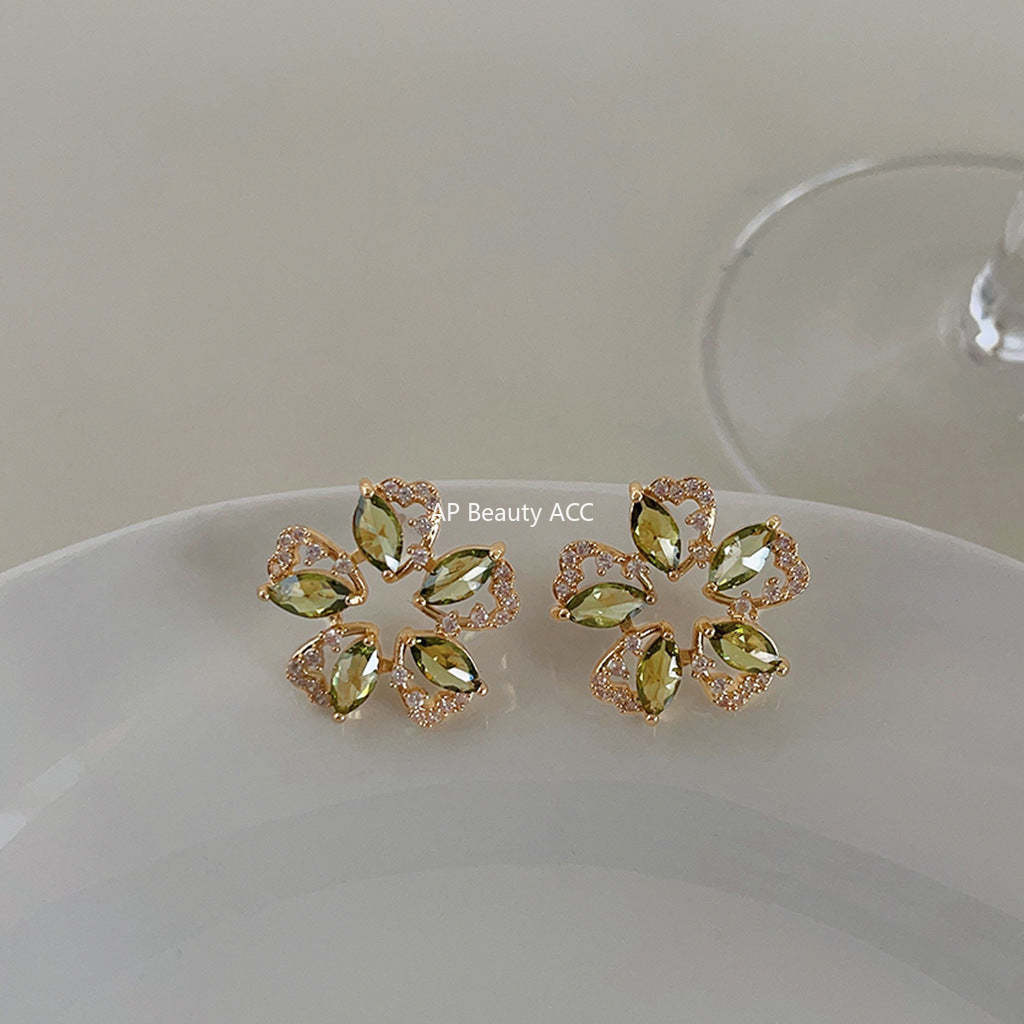 C관 - 올리브 그린 꽃 미니 큐빅 고급스러운 14K 도금 은침 귀걸이 [3766] 24.04-1