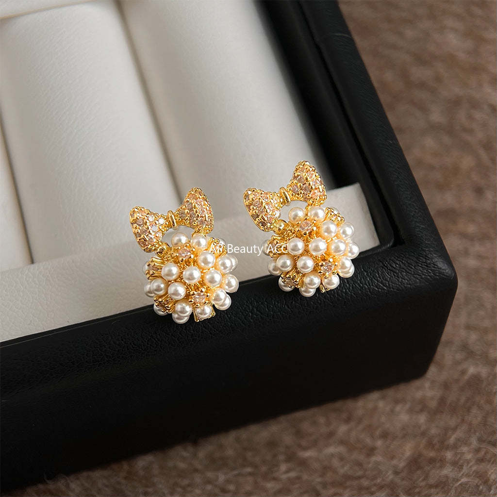 C관 - 리본 큐빅 진주 925 은침 귀걸이 [7204] 25.12-2