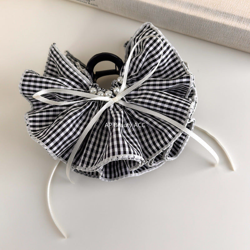 E관 - 체크 러플형 리본 대형 빈티지 집게핀 [27527] 25.10-1