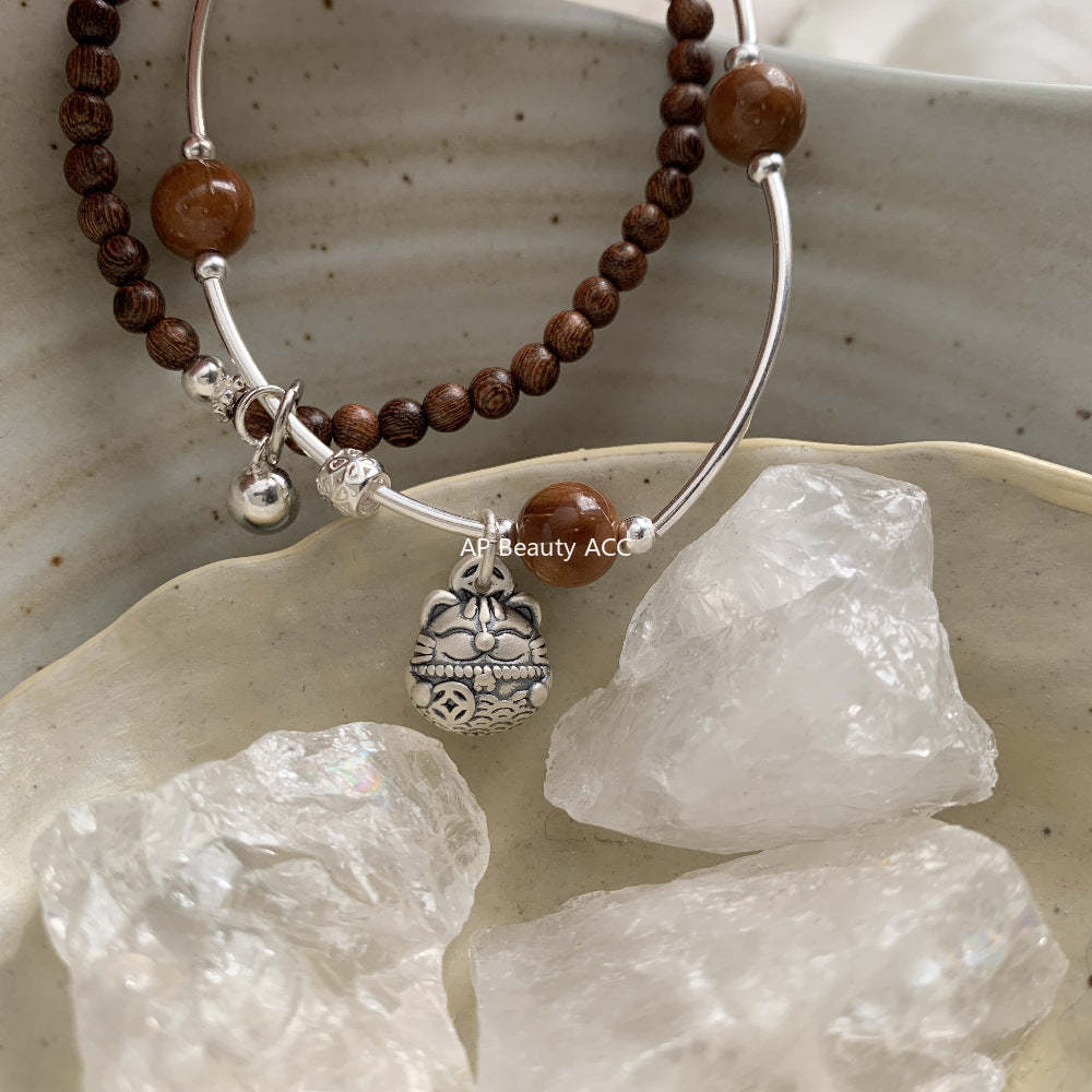 A관 - 복고양이 펜던트 보리수 금사남목 925 실버 팔찌 [1531] 25.11-3