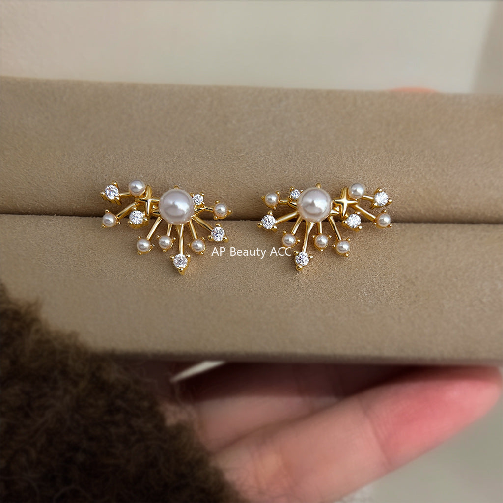 C관 - 14K 도금 큐빅 진주 별 디자인 925 은침 귀걸이 [6900] 25.10-2
