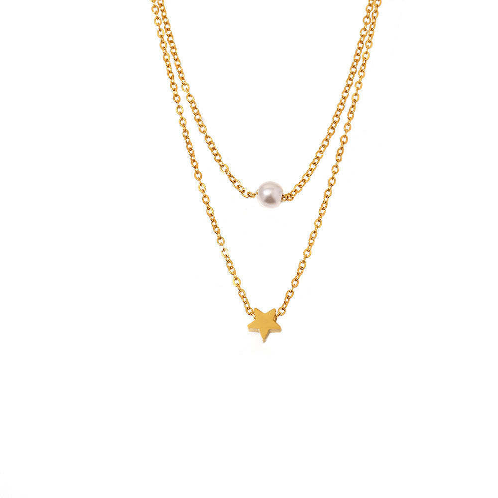 D관 - 스테인리스 스틸 18K 도금 별 진주 더블 레이어 목걸이 [P001] 25.12-1