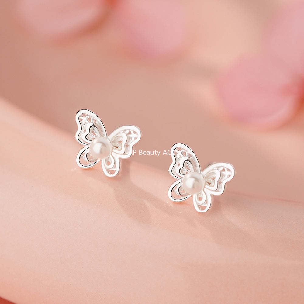 B관 - 999 실버 나비 디자인 진주 피어싱 귀걸이 [YC6253E_1] 25.12-1