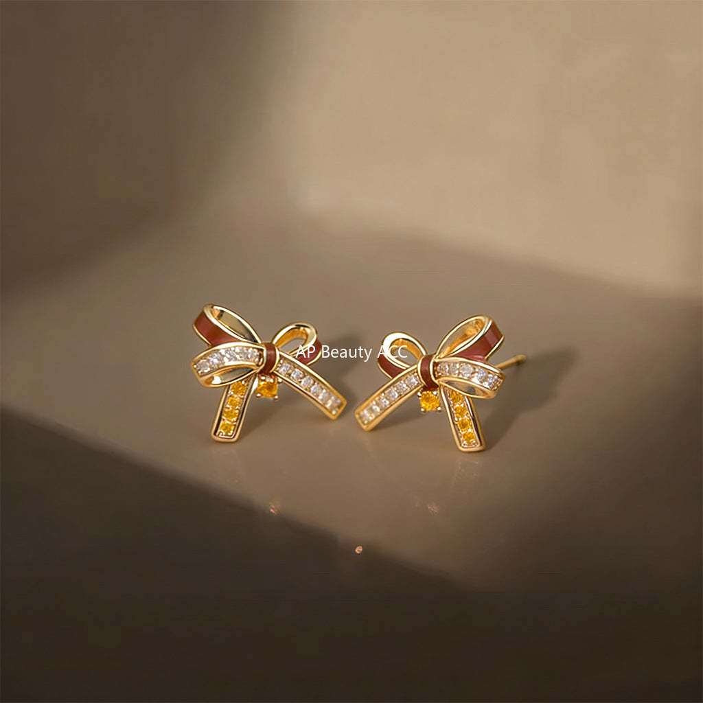 C관 - 핸드페인팅 리본 큐빅 925 은침 귀걸이 [7237] 25.12-3