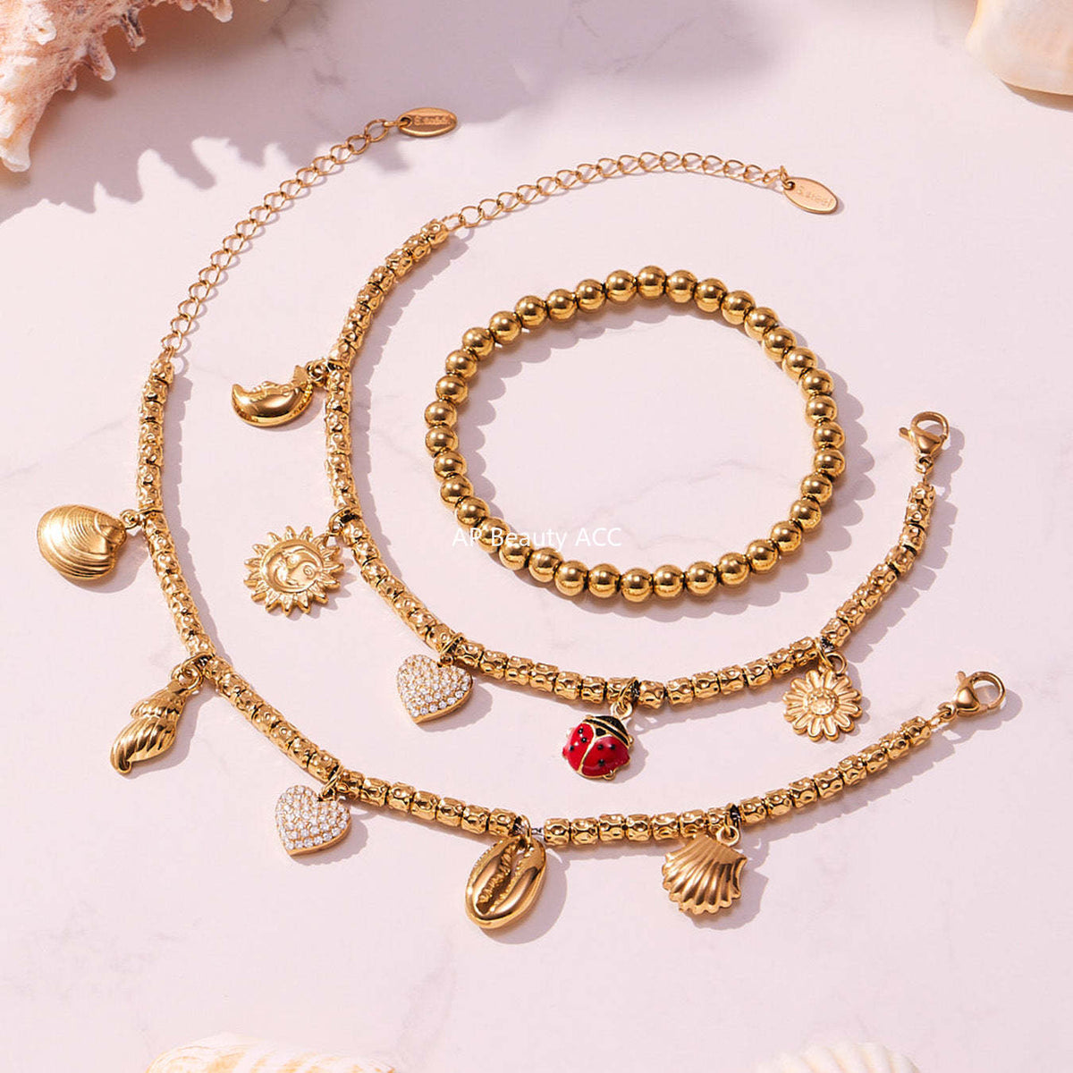 D관 - 스테인리스 18K 도금 하트 멀티 펜던트 스틸 비즈 팔찌 [E696-E697-E698] 25.10-5