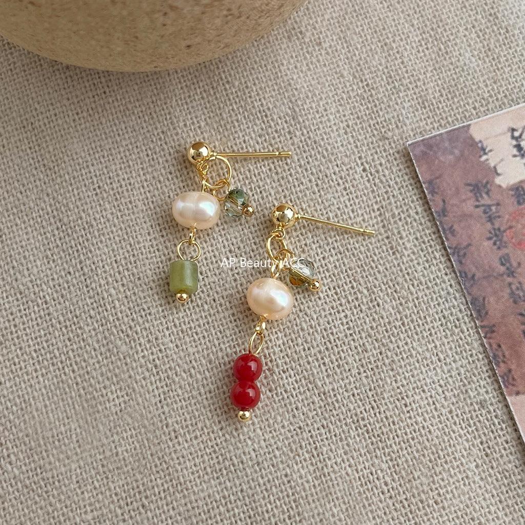 C관 - 담수 진주 비대칭 디자인 14K 도금 귀걸이 [5835] 25.04-2