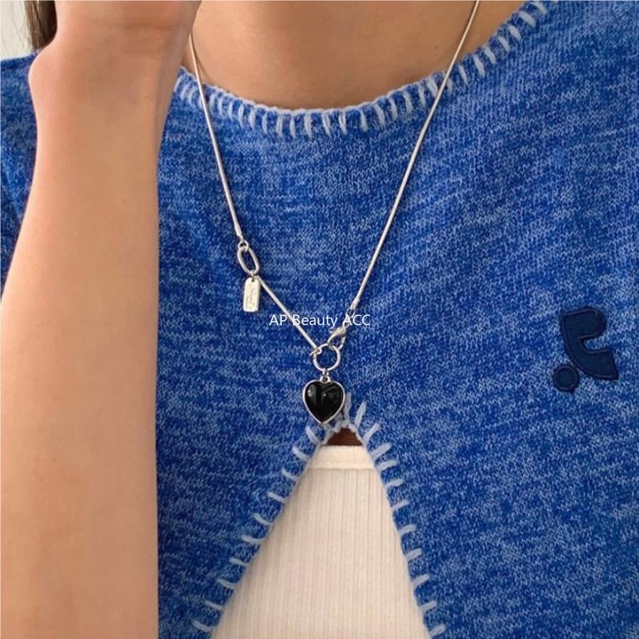 F관 - 925 실버 흑마노 하트 뱀줄 목걸이 [B1101] 25.09-4