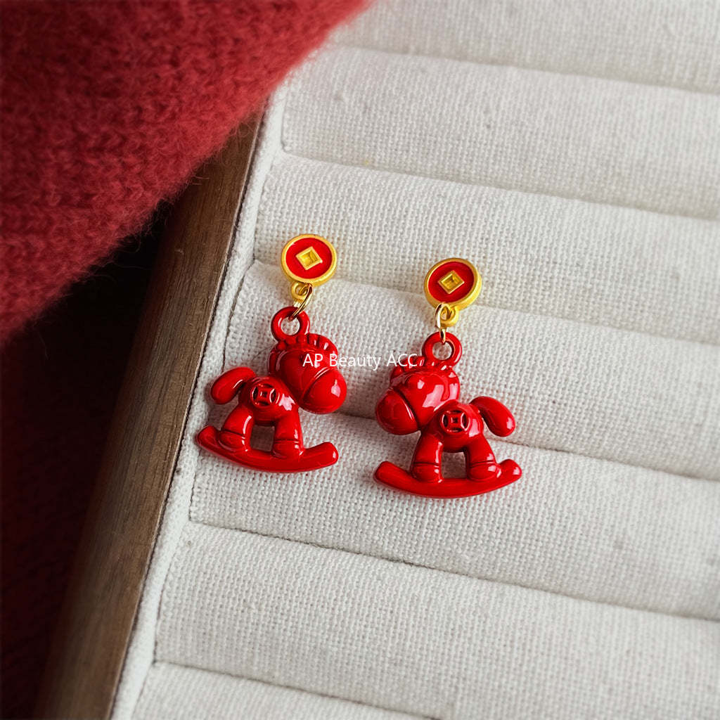 C관 - 목마 레드말 코인 모양 925 은침 귀걸이 [7207] 25.12-2