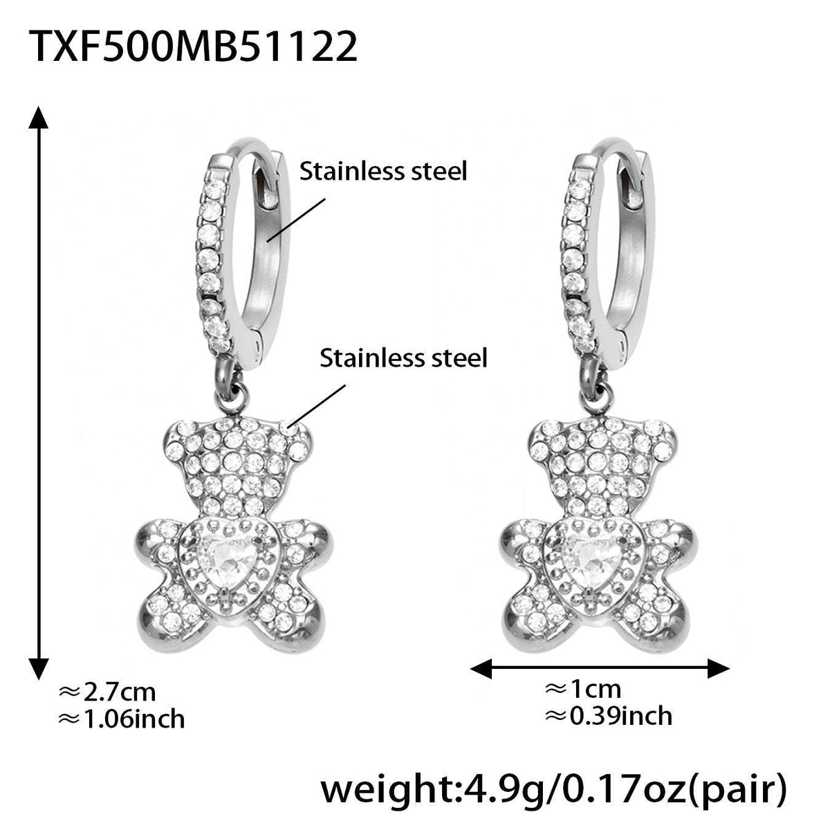 D관 - 스테인리스 스틸 곰 리본 하트 풀큐빅 펜던트 목걸이 팔찌 귀걸이 [TXP500] 25.11-4