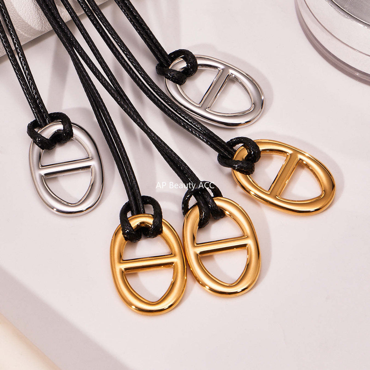 D관 - 돼지코 펜던트 레더 스트랩 스테인리스 롱 목걸이 [P1701] 25.11-3