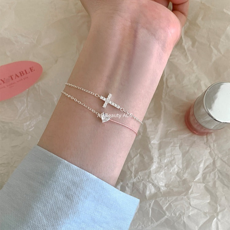 A관 - 925 실버 하트 십자가 디자인 큐빅 팔찌 [SL-487] 25.11-1