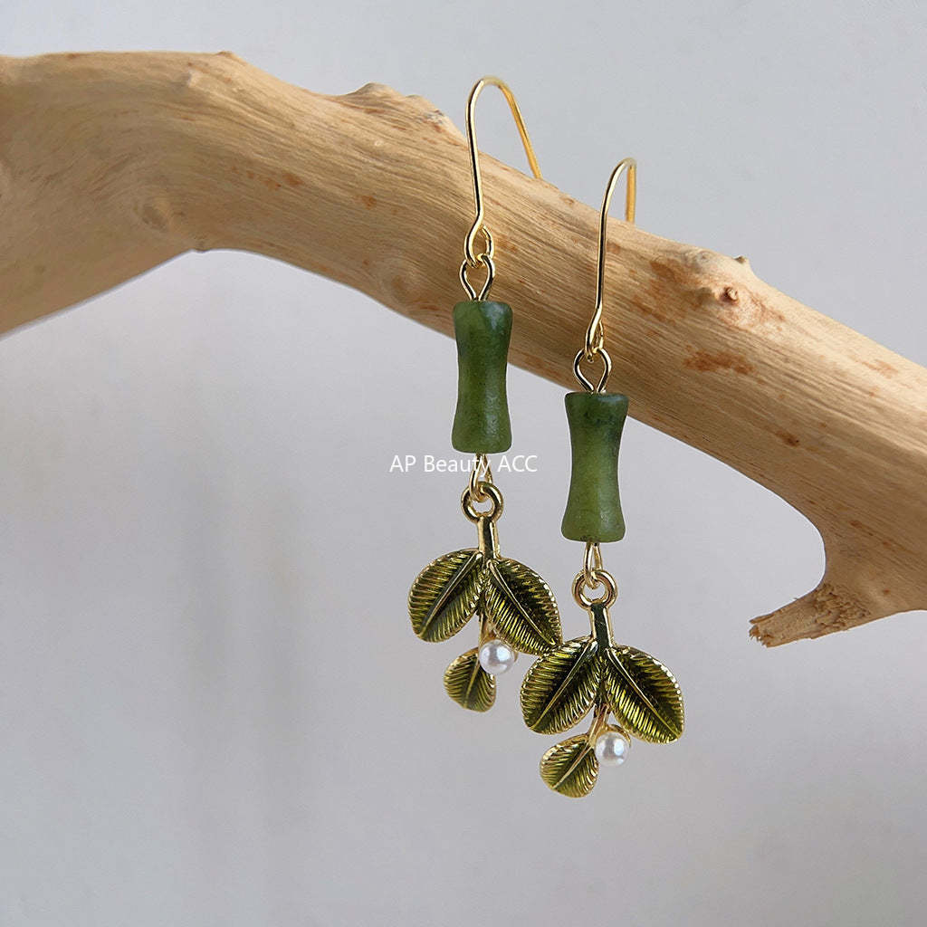 C관 - 천연석 대나무잎 모양 14K 도금 핸드메이드 디자이너 귀걸이 [3869] 24.04-4