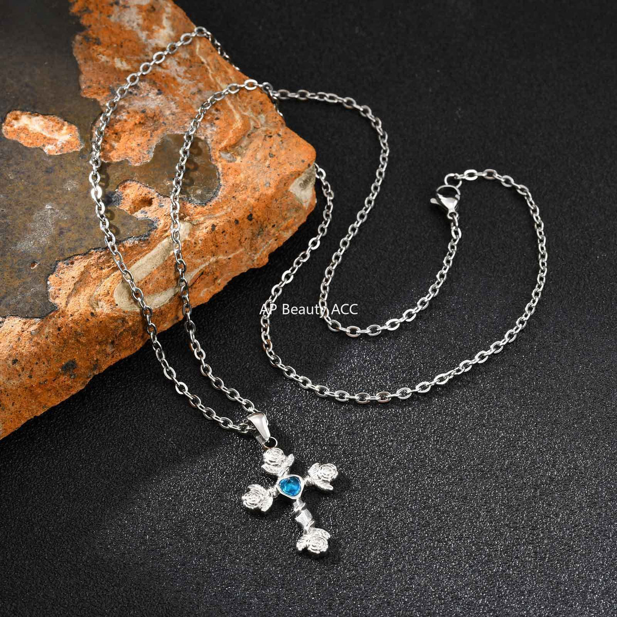 G관 - 스테인리스 스틸 하트 큐빅 장미 십자가 펜던트 목걸이 [PN-2240] 25.10-4