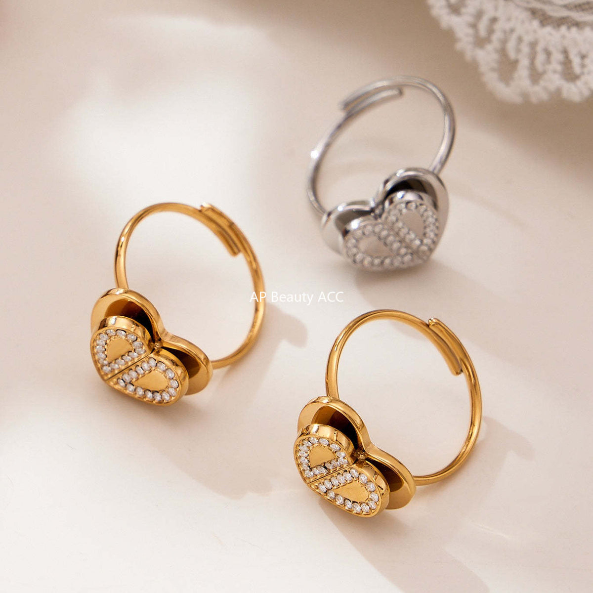 D관 - 18K 도금 스테인리스 스틸 큐빅 더블 하트 반지 귀걸이 목걸이 [TXP446] 25.10-4