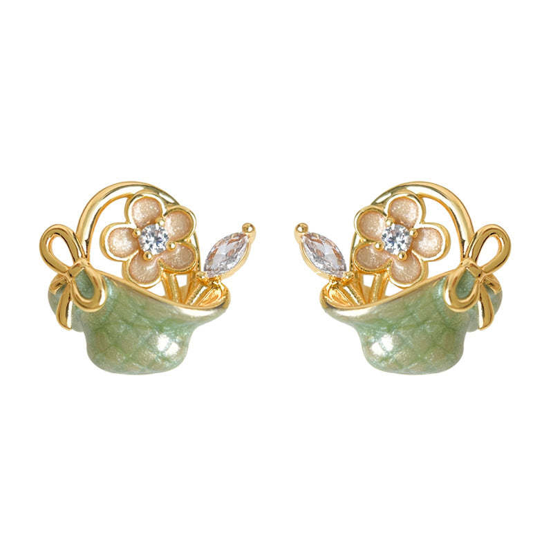 C관 - 925 은침 핸드페인팅 미니 큐빅 플라워 바구니 귀걸이 [6987] 25.10-5