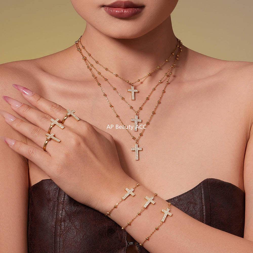 D관 - 스테인리스 스틸 십자가 큐빅 18K 도금 반지 귀걸이 팔찌 목걸이 [TXP503] 25.11-4