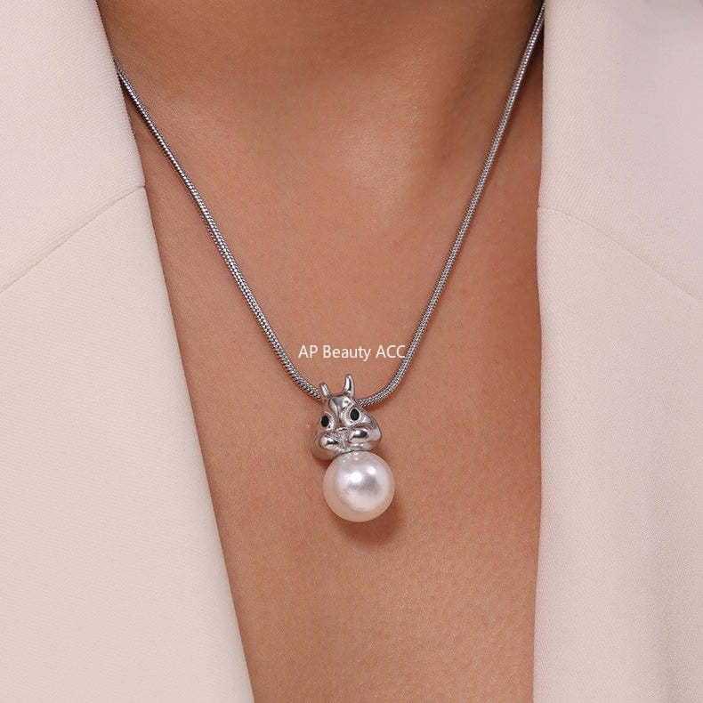 D관 - 티타늄 스틸 18K 도금 모조 진주 귀여운 자개 토끼 펜던트 미니멀 귀걸이 목걸이 [P050-F050] 24.06-2
