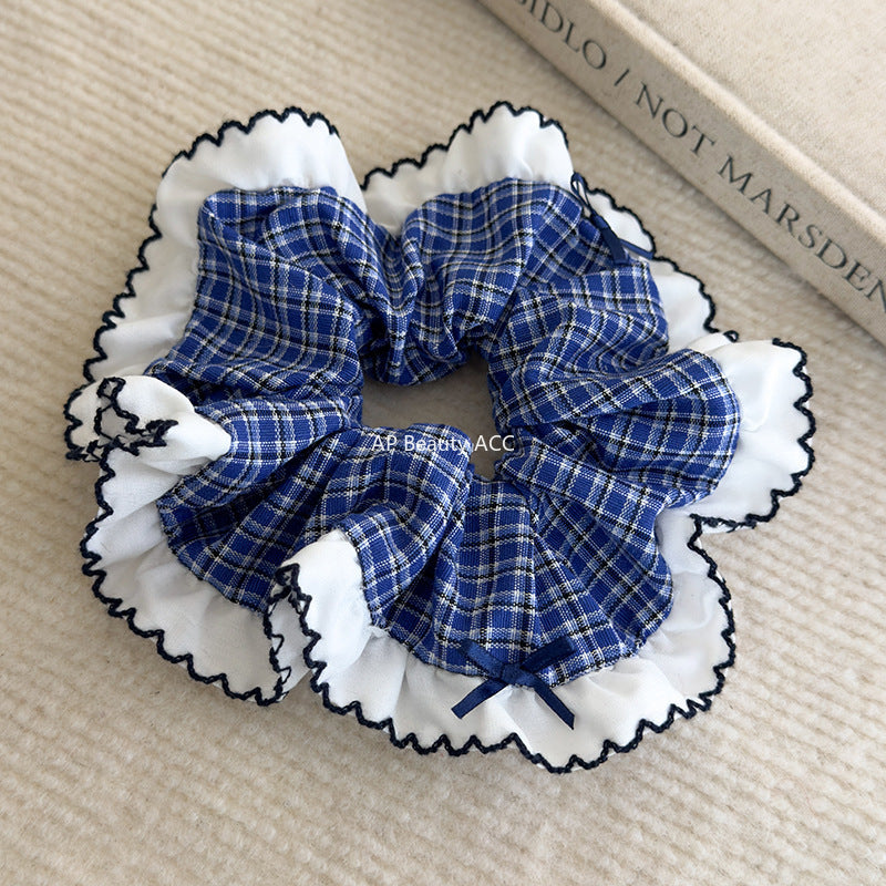 E관 - 블루 체크 패브릭 레이스 리본 곱창 헤어밴드 [26462] 25.10-2