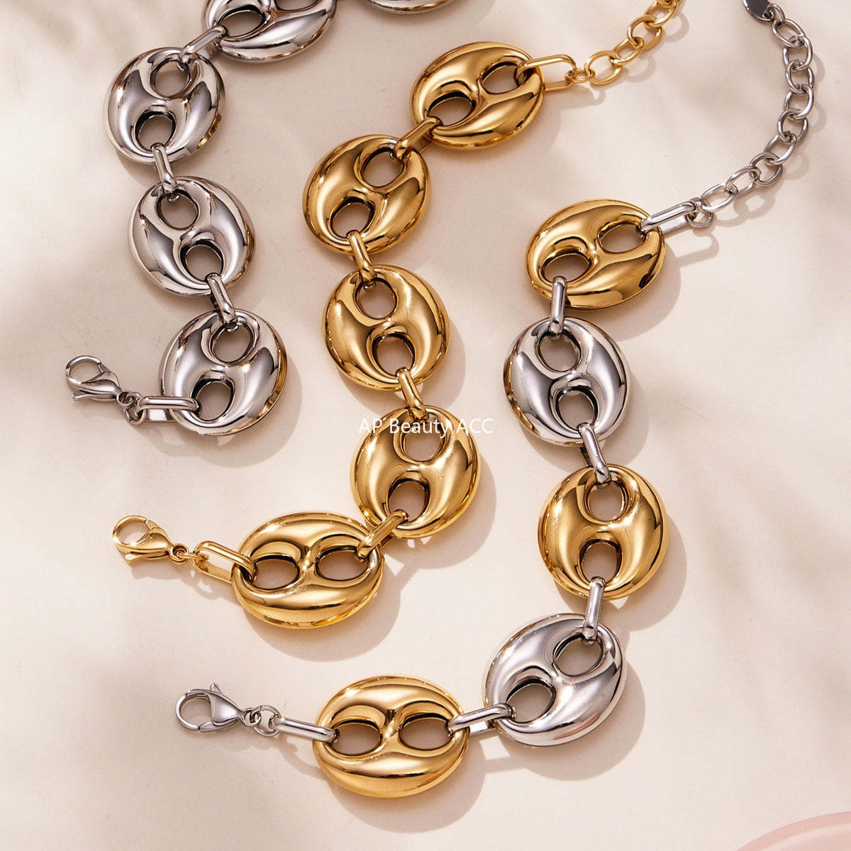 D관 - 타원형 돼지코 모양 체인 18K 도금 스테인리스 목걸이 팔찌 [TXP466] 25.11-3